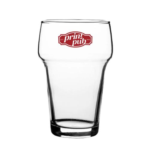 PrintPub-Logo in einfarbigem Druck auf der Vorderseite des Stapelglas Groß 28 cl.