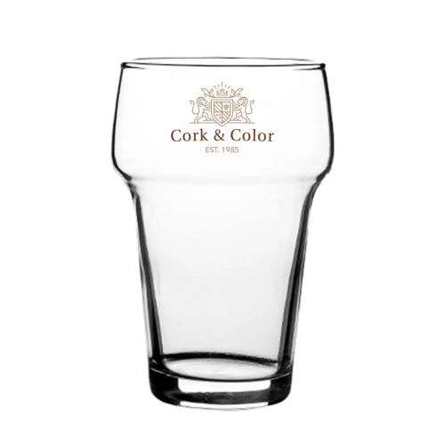 Stapelglas Groß 28 cl. mit mehrfarbigem CorkColor-Logo auf der Vorderseite des Glases.
