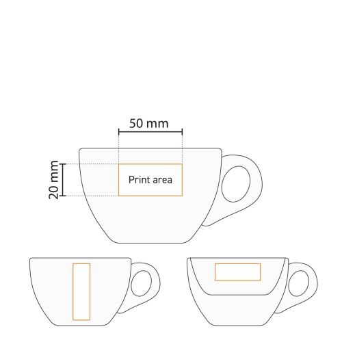 Technische Arbeitszeichnung des Porzellan-Cappuccino-Sets 19 cl mit markierter Druckfläche. Technische Arbeitszeichnung des Porzellan-Cappuccino-Sets 19 cl mit markierter Druckfläche.