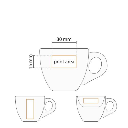 Technische Arbeitszeichnung eines 7 cl. Porzellan-Espressoset mit Druckbereichsanzeige.