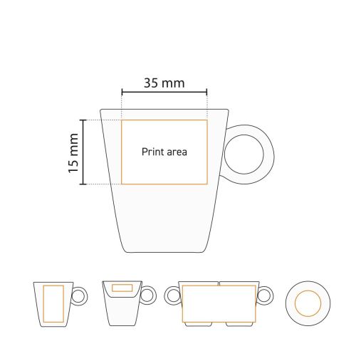 Technische Arbeitszeichnung eines 7 cl. Porzellan-Espressoset mit Druckbereichsanzeige. Technische Arbeitszeichnung eines 7 cl. Porzellan-Espressoset mit Druckbereichsanzeige.