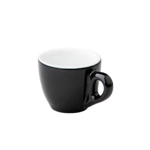 Style Espressotasse 7 cl. aus schwarzem und weißem Porzellan, kompaktes Modell in der Vorderansicht. Style Espressotasse 7 cl. aus schwarzem und weißem Porzellan, kompaktes Modell in der Vorderansicht.