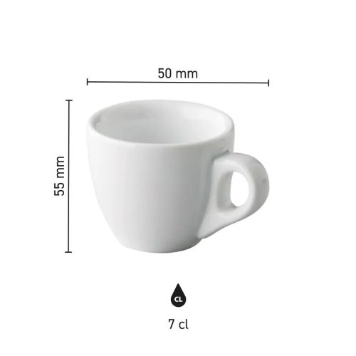 Infografik zu Höhe und Durchmesser der Porzellan-Espressotasse 7 cl. Infografik zu Höhe und Durchmesser der Porzellan-Espressotasse 7 cl.