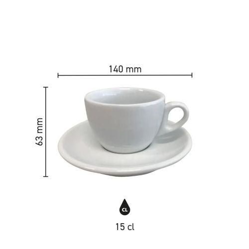 Infografik mit den Abmessungen einer Porzellan-Kaffeetasse mit Untertasse, 15 cl. Infografik mit den Abmessungen einer Porzellan-Kaffeetasse mit Untertasse, 15 cl.