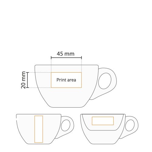 Die technische Arbeitszeichnung zeigt den Druckbereich auf der Porzellan-Kaffeetasse 15 cl. Die technische Arbeitszeichnung zeigt den Druckbereich auf der Porzellan-Kaffeetasse 15 cl.