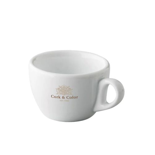 Vorderansicht der Style Kaffeetasse 15 cl. aus Porzellan, bedruckt mit dem mehrfarbigen CorkColor-Logo. Vorderansicht der Style Kaffeetasse 15 cl. aus Porzellan, bedruckt mit dem mehrfarbigen CorkColor-Logo.