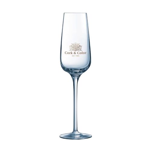 Sublym Champagnerglas 21 cl. mit vollfarbigem Logodruck von CorkColor auf der Vorderseite des Glases.