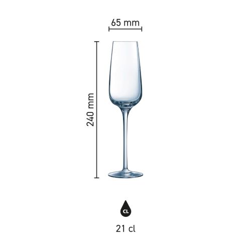 Infografik mit den Produktabmessungen des Sublym Sektglases 21 cl, einschließlich Höhe und Durchmesser.