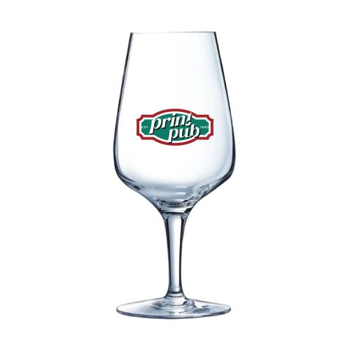 Sublym Multi Use 35 cl. mit mehrfarbigem PrintPub-Logoaufdruck auf der Vorderseite des Glases.