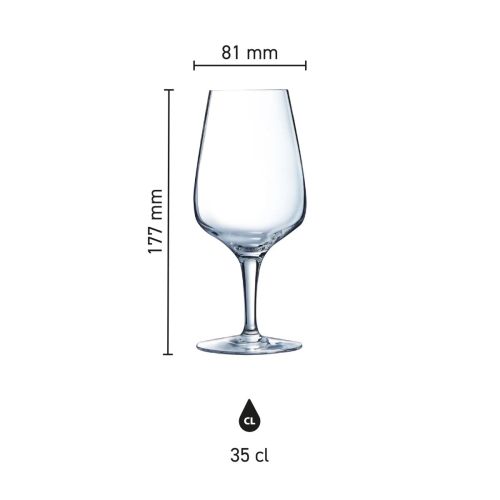 Infografik mit den Abmessungen des Sublym Multi Use Glas 35 cl. einschließlich Höhe und Durchmesser.