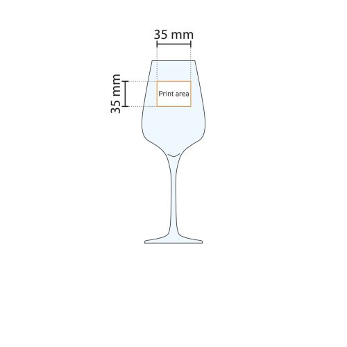 Technische Arbeitszeichnung des Sublym Weinglas 25 cl. mit Markierung der Druckfläche. Technische Arbeitszeichnung des Sublym Weinglas 25 cl. mit Markierung der Druckfläche.