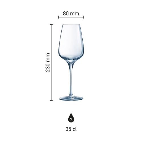 Infografik mit den genauen Abmessungen des Sublym Weinglas 35 cl. einschließlich Kelch und Fuß. Infografik mit den genauen Abmessungen des Sublym Weinglas 35 cl. einschließlich Kelch und Fuß.