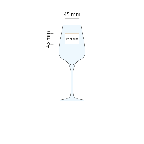 Technische Arbeitszeichnung des Sublym Weinglases 45 cl. mit Angabe der Druckfläche auf dem Glas. Technische Arbeitszeichnung des Sublym Weinglases 45 cl. mit Angabe der Druckfläche auf dem Glas.