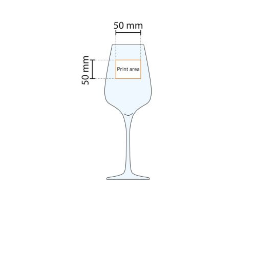 Technische Arbeitszeichnung des Sublym Weinglases 55 cl. mit Markierung der Druckfläche. Technische Arbeitszeichnung des Sublym Weinglases 55 cl. mit Markierung der Druckfläche.