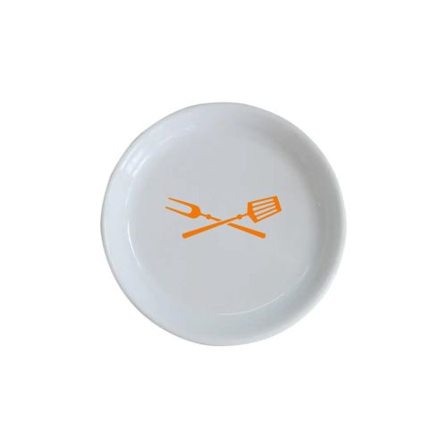 Vorderansicht des Teebeutelhalters aus weißem Porzellan mit schwarzem TableTrend-Logo in einer Farbe auf der Mittelfläche.