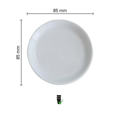 Die Abbildung zeigt die Produktabmessungen des runden Teebeutelhalters aus Porzellan mit 85 mm Durchmesser, einschließlich Maßstab und Größenangabe.