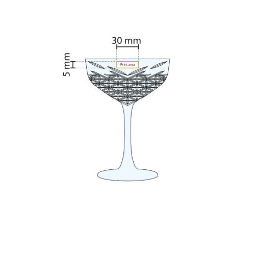Technische Arbeitszeichnung des Timeless Champagnercoupe 25,5 cl. mit Angabe der Druckfläche.