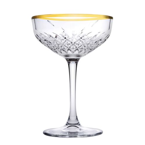 Vorderseite des Timeless Champagner Coupe 25,5 cl. mit Goldrand und klassischer Coupe-Form.