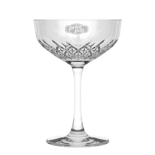 Eingraviertes PrintPub-Logo auf der Vorderseite des Timeless Champagner Coupe 25,5 cl.