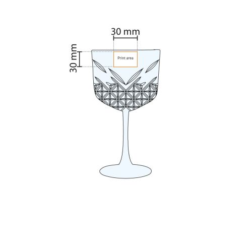 Die technische Arbeitszeichnung zeigt den genauen Druckbereich auf der Glaswand des Gin-Tonic-Glases 55 cl. Die technische Arbeitszeichnung zeigt den genauen Druckbereich auf der Glaswand des Gin-Tonic-Glases 55 cl.