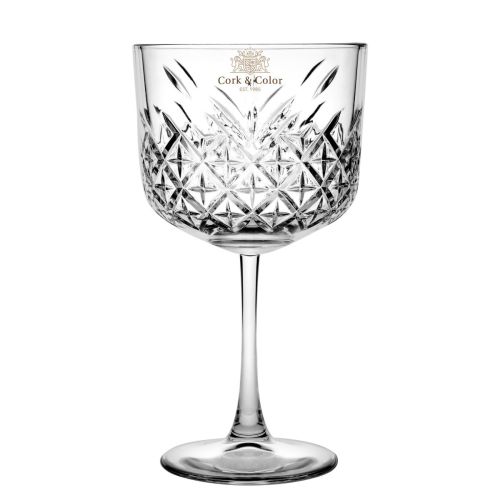 Mehrfarbiger KorkColor-Logo auf der Vorderseite des Timeless Gin-Tonic-Glas 55 cl. Mehrfarbiger KorkColor-Logo auf der Vorderseite des Timeless Gin-Tonic-Glas 55 cl.