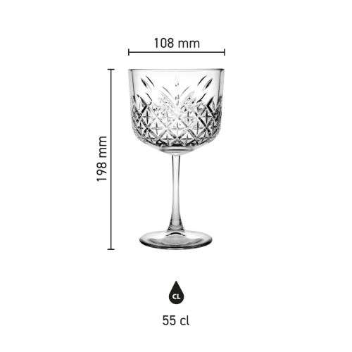 Abmessungen des Gin-Tonic-Glases 55 cl visuell dargestellt in einer technischen Infografik. Abmessungen des Gin-Tonic-Glases 55 cl visuell dargestellt in einer technischen Infografik.