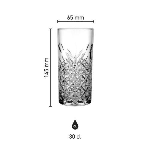 Infografik zu Höhe und Durchmesser des Timeless Longdrink Glases 30 cl.
