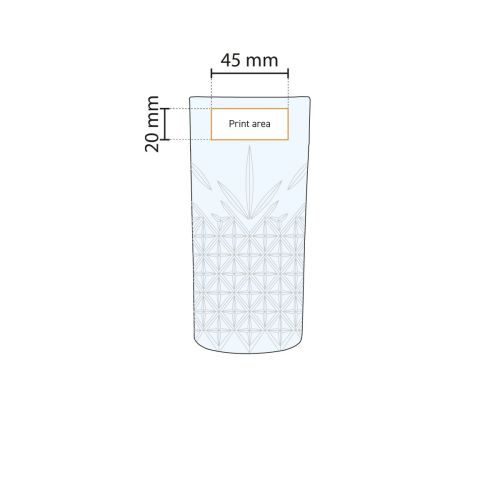 Die Druckfläche auf der Glaswand des Longdrinkglases 45 cl ist in der Arbeitszeichnung dargestellt. Die Druckfläche auf der Glaswand des Longdrinkglases 45 cl ist in der Arbeitszeichnung dargestellt.