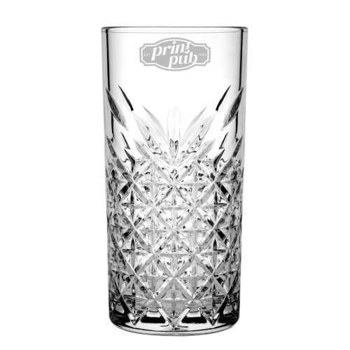 Fine PrintPub-Logo-Gravur auf der glatten Oberfläche des Timeless Longdrinkglas 45 cl. Fine PrintPub-Logo-Gravur auf der glatten Oberfläche des Timeless Longdrinkglas 45 cl.