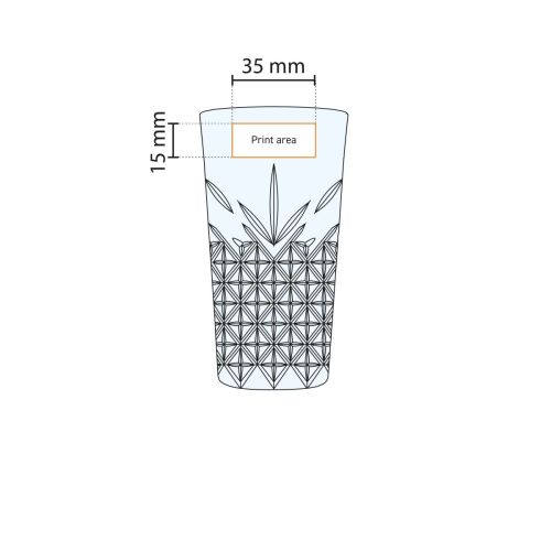 Arbeitsbeschreibung der Druckfläche auf der Glasoberfläche des Timeless Longdrinkglases 34,5 cl. Arbeitsbeschreibung der Druckfläche auf der Glasoberfläche des Timeless Longdrinkglases 34,5 cl.