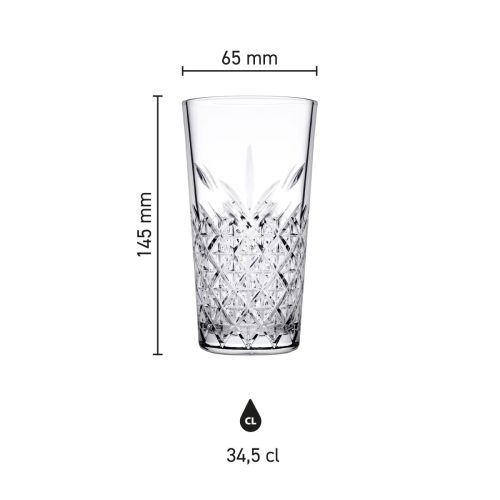 Infografik zu Höhe, Durchmesser und Fassungsvermögen des Timeless Longdrink Stapelglases 34,5 cl. Infografik zu Höhe, Durchmesser und Fassungsvermögen des Timeless Longdrink Stapelglases 34,5 cl.