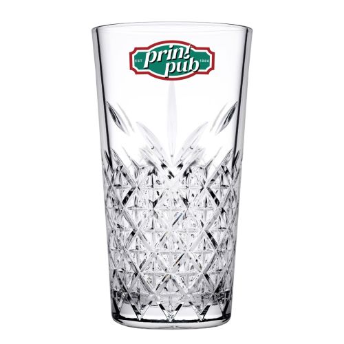 Vorderansicht des Glases mit buntem PrintPub-Logo auf der glatten Glasoberfläche.