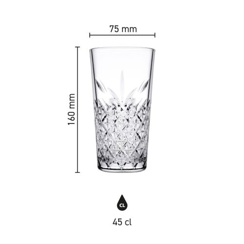 Die Infografik zeigt Höhe und Durchmesser des Timeless Longdrink Stapelglases 45 cl.