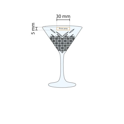 Detaillierte Arbeitszeichnung zeigt den genauen Druckbereich auf Glas 23 cl. Detaillierte Arbeitszeichnung zeigt den genauen Druckbereich auf Glas 23 cl.