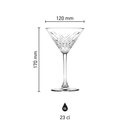 Infografik mit Höhe, Durchmesser und Fassungsvermögen des Timeless Martini Glases 23 cl. Infografik mit Höhe, Durchmesser und Fassungsvermögen des Timeless Martini Glases 23 cl.