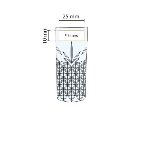 Detaillierte Arbeitszeichnung mit dem Druckbereich auf dem Timeless Rock Glas 18 cl. Glas markiert.