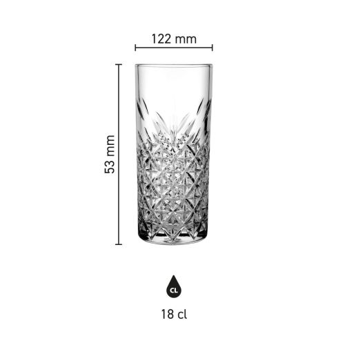 Infografik, die die Abmessungen des Timeless Rock Glas 18 cl. Glas in klarer Übersicht.