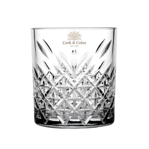 Vorderseite des Timeless Whisky Glases mit mehrfarbigem CorkColor Logo auf der transparenten Oberfläche. Vorderseite des Timeless Whisky Glases mit mehrfarbigem CorkColor Logo auf der transparenten Oberfläche.