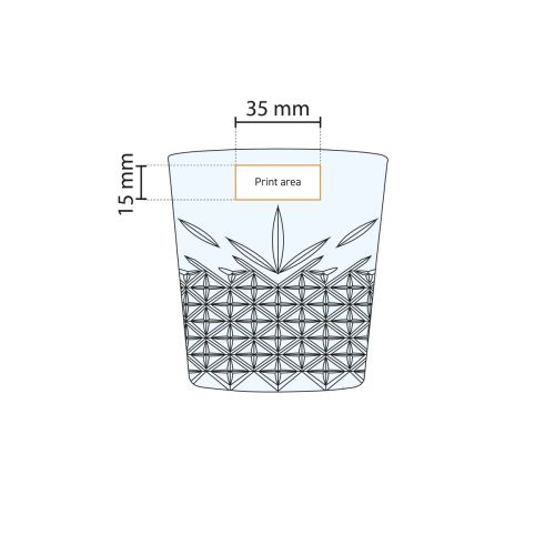Schematische Arbeitszeichnung des Druckbereichs auf dem 34,5-cl-Stapelglas Timeless mit Logoanzeige. Schematische Arbeitszeichnung des Druckbereichs auf dem 34,5-cl-Stapelglas Timeless mit Logoanzeige.