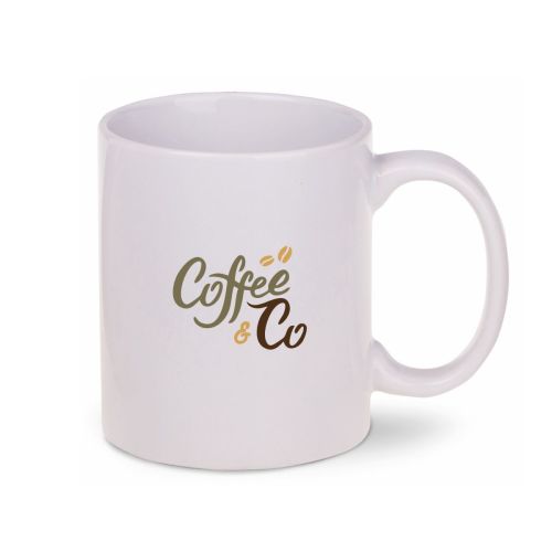 Tomek Tasse 30 cl. mit mehrfarbigem CoffeeCo Logo in der Mitte der glatten Oberfläche.