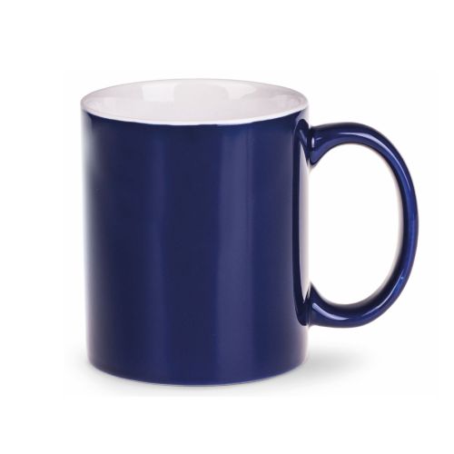Vorderansicht der Tomek Tasse 30 cl. aus blau-weißem Porzellan mit geraden Seiten, klassischem Henkel und glatter Oberfläche.