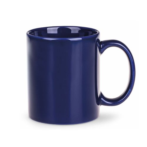 Vorderansicht der Tomek Tasse 30 cl. aus blauem Porzellan mit geraden Seiten, klassischem Henkel und glatter Oberfläche.