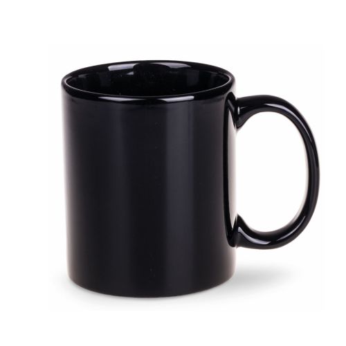 Vorderansicht des Tomek Tasse 30 cl. aus schwarzem Porzellan mit geraden Seiten, klassischem Griff und glatter Oberfläche.