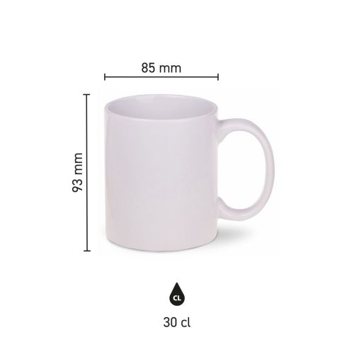 Die detaillierte Infografik zeigt die Höhe, das Fassungsvermögen und die Breite des Tomek Bechers 30 cl aus Porzellan.
