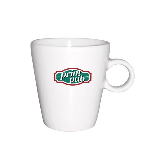 Trapo Becher weiß 20 cl. bedruckt mit mehrfarbigem PrintPub-Logo auf der Vorderseite.