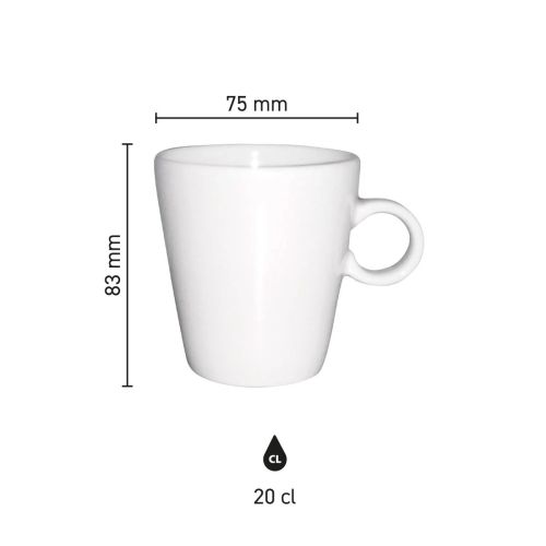 Die Infografik zeigt die Höhe, den Durchmesser und das Fassungsvermögen des Trapo Becher weiß 20 cl.