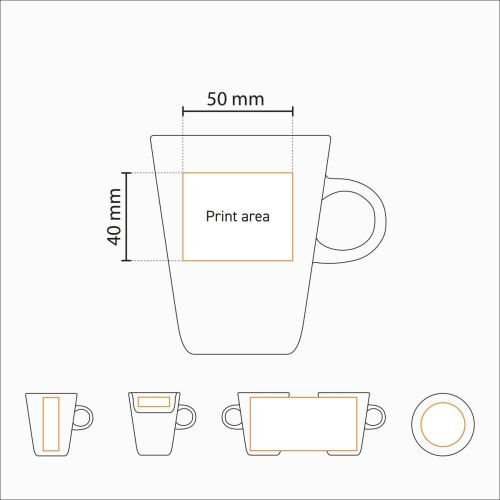 Technische Arbeitszeichnung mit Druckflächenangabe auf Trapo-Becher weiß 25 cl. Technische Arbeitszeichnung mit Druckflächenangabe auf Trapo-Becher weiß 25 cl.