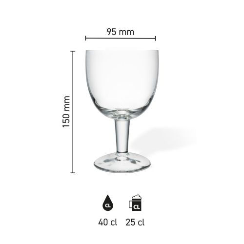 Die Infografik zeigt die Höhe und Breite des Trappistenglases 25 cl mit Markierungen für die Zapfgröße.