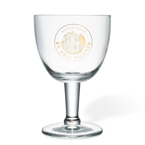 Trappistenglas 33 cl. mit einfarbigem Aufdruck des Logos der Drei Säulen auf der Vorderseite.