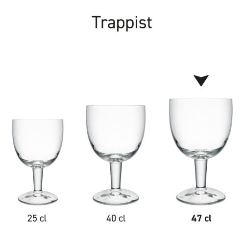 Serie von Trappistengläsern mit unterschiedlichem Inhalt, die als Produktlinie für die Gastronomie oder die Werbung präsentiert werden.
